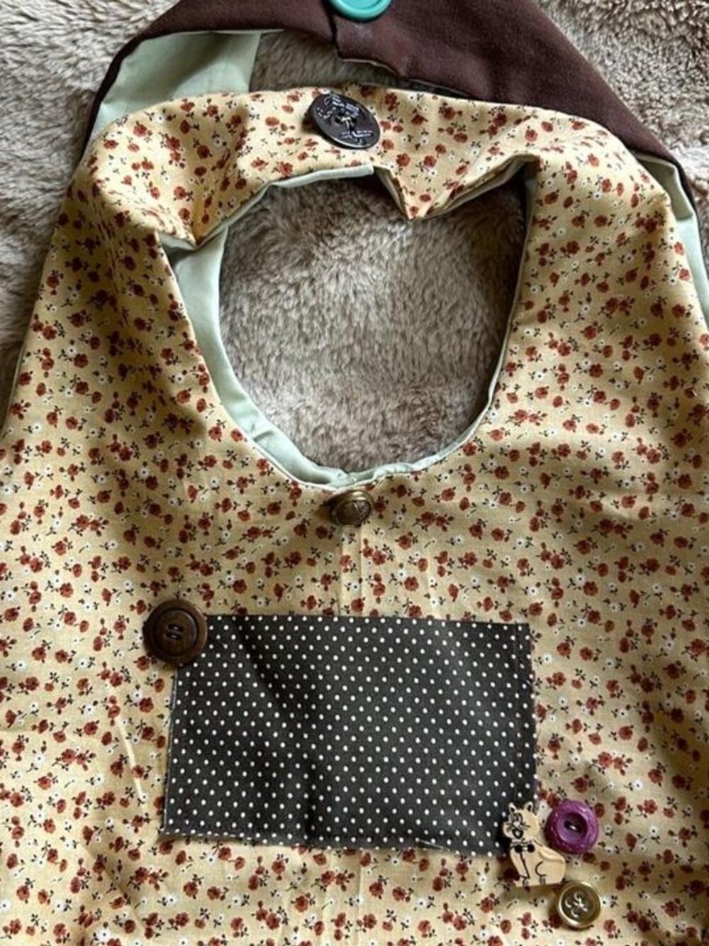 Cream Floral Brown Polka Dot Pocket Shoulder Bag | Handmade Upcycled One of One